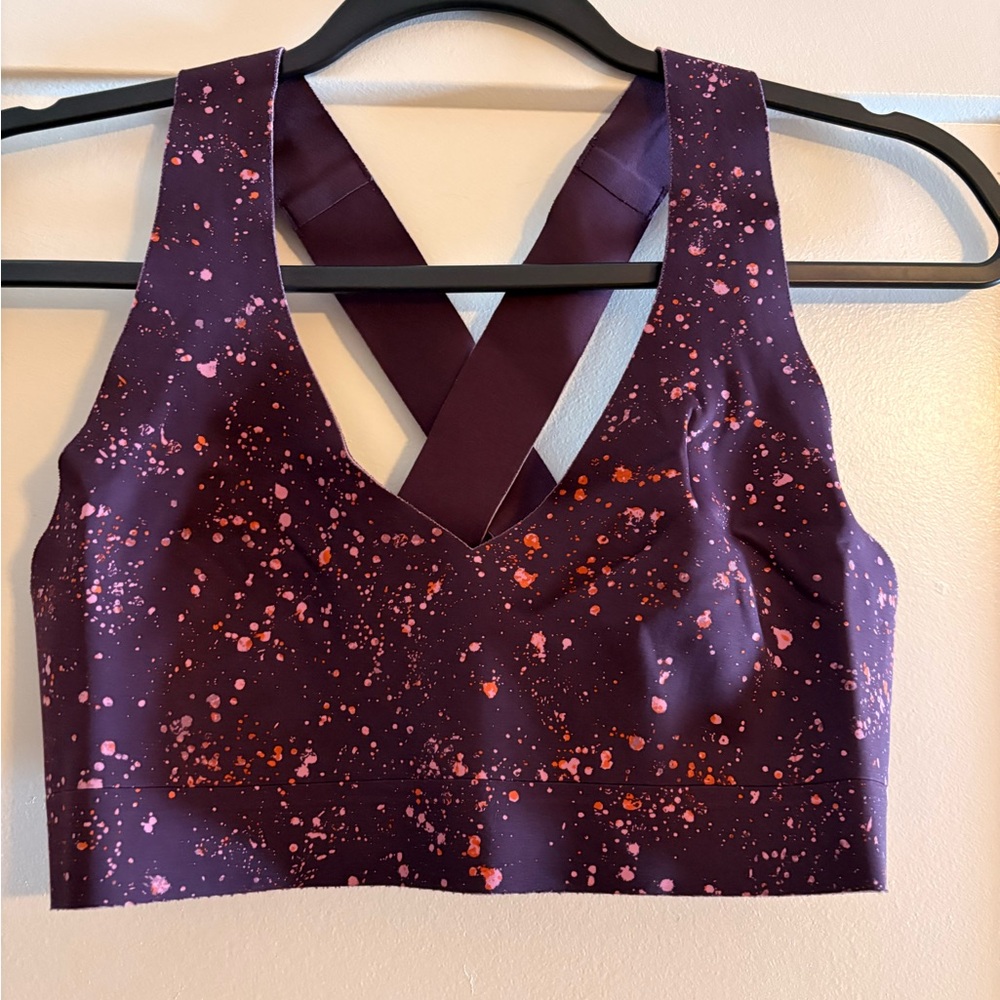 Athleta Purple and Pink Splatter racer back sports bra